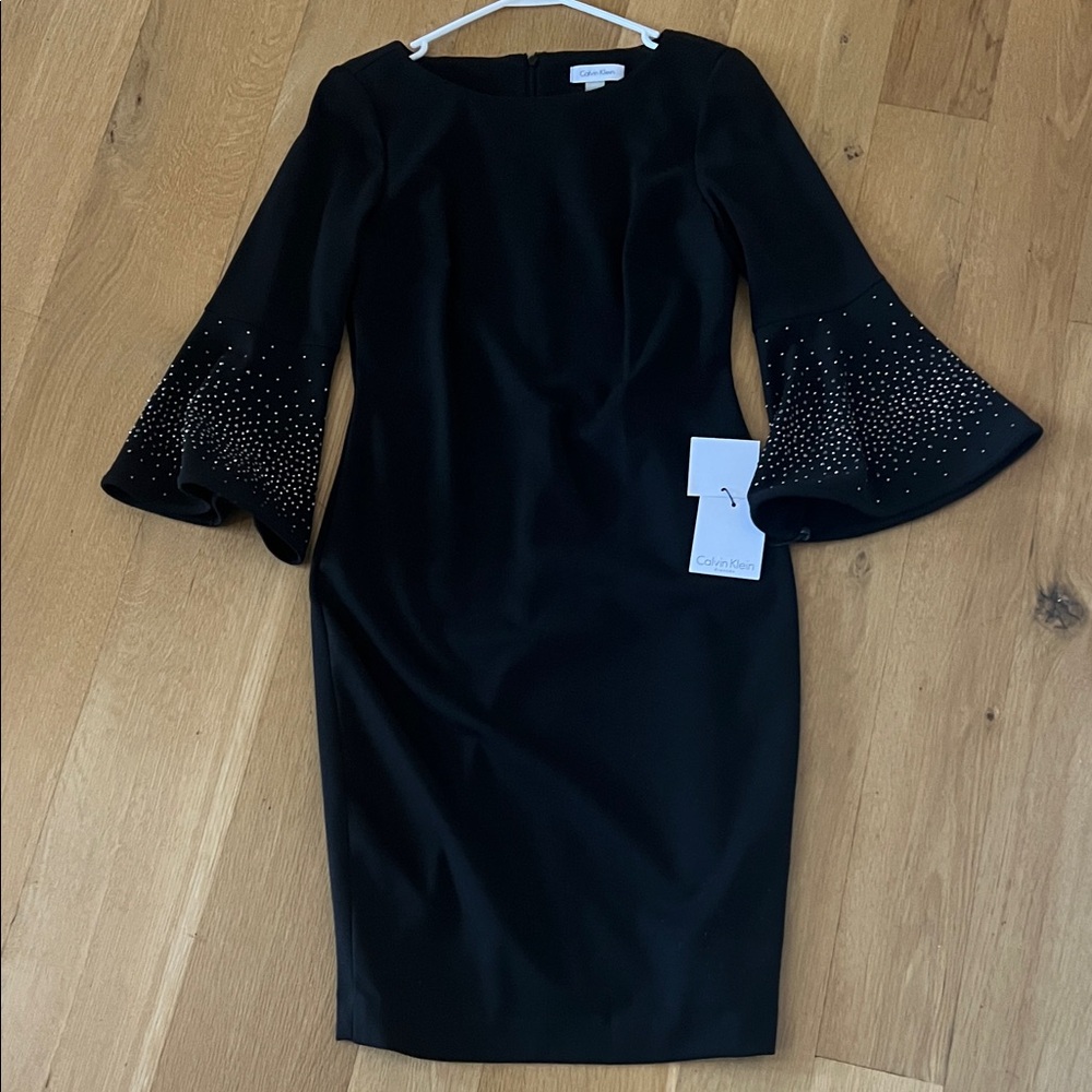 Calvin Klein Black Dress with Embellished Bell Sleeves